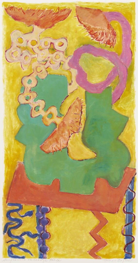 Lot 1212: Kalani Engles Monotype, Sunflowers on an Orange Table