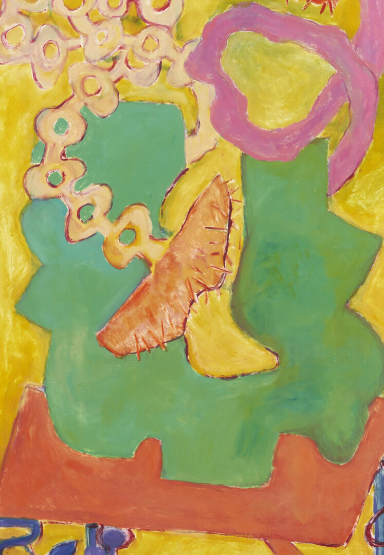 Lot 1212: Kalani Engles Monotype, Sunflowers on an Orange Table