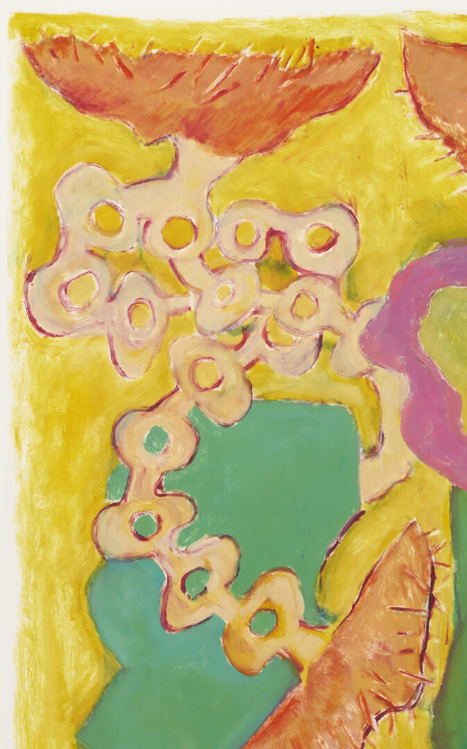 Lot 1212: Kalani Engles Monotype, Sunflowers on an Orange Table