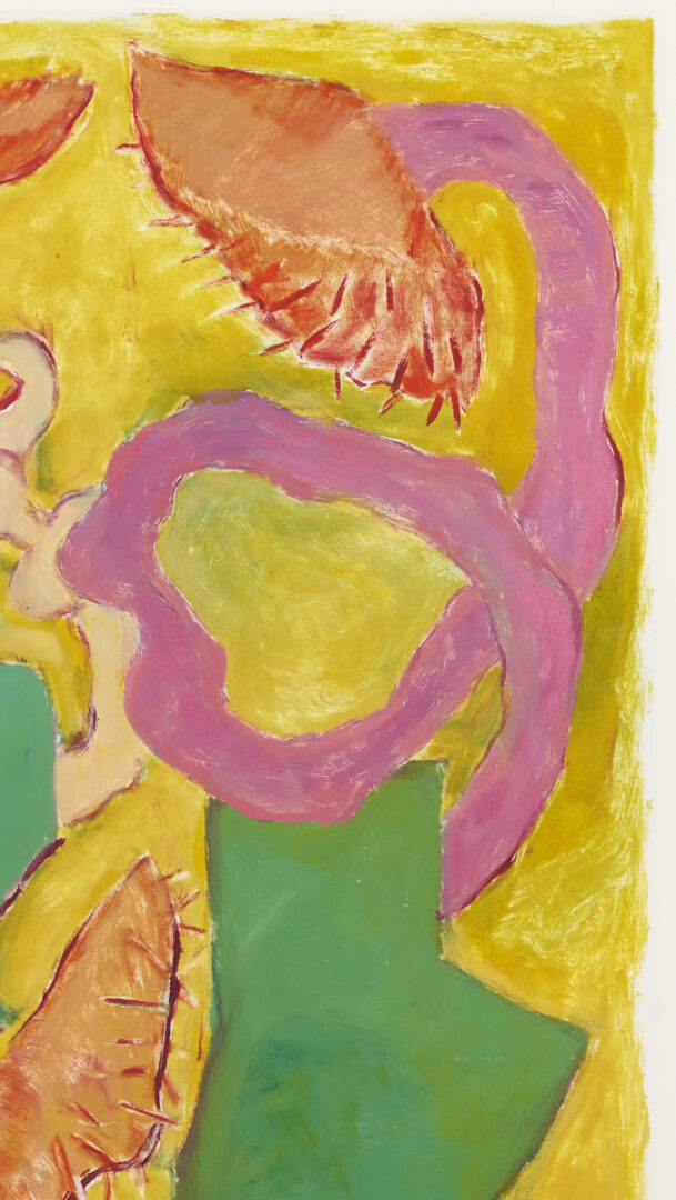 Lot 1212: Kalani Engles Monotype, Sunflowers on an Orange Table