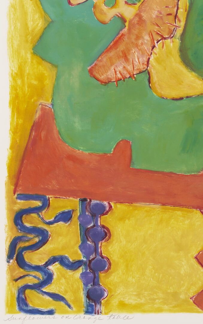 Lot 1212: Kalani Engles Monotype, Sunflowers on an Orange Table