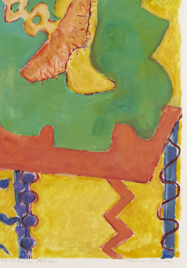 Lot 1212: Kalani Engles Monotype, Sunflowers on an Orange Table