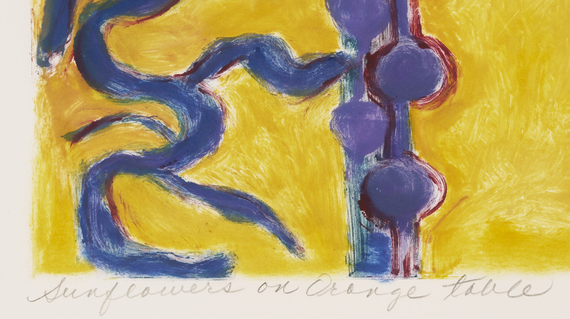 Lot 1212: Kalani Engles Monotype, Sunflowers on an Orange Table