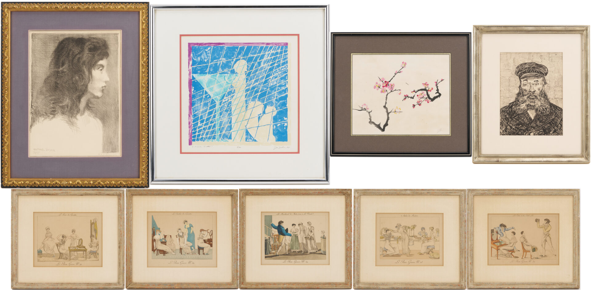 Lot 1215: 9 Framed Works on Paper: Soyer, Zucker, Cherry Blossoms, After Van Gogh, & Le Bon Genre