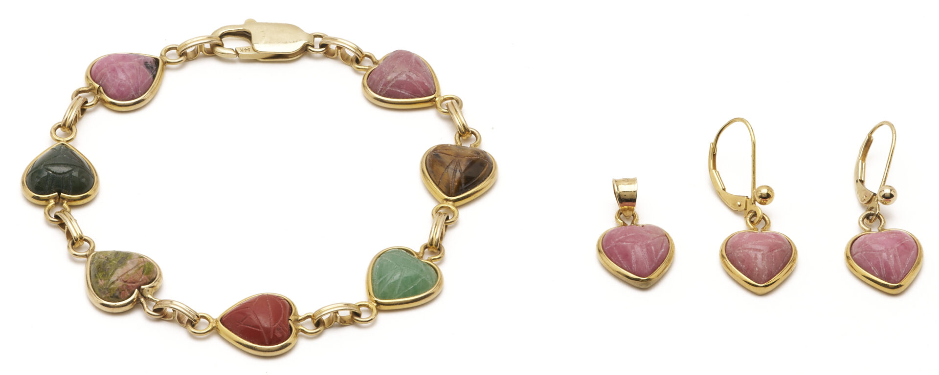 Lot 1221: 4 Matching Pieces – 14K Gold & Gemstone Bracelet, Pendant, & Earrings