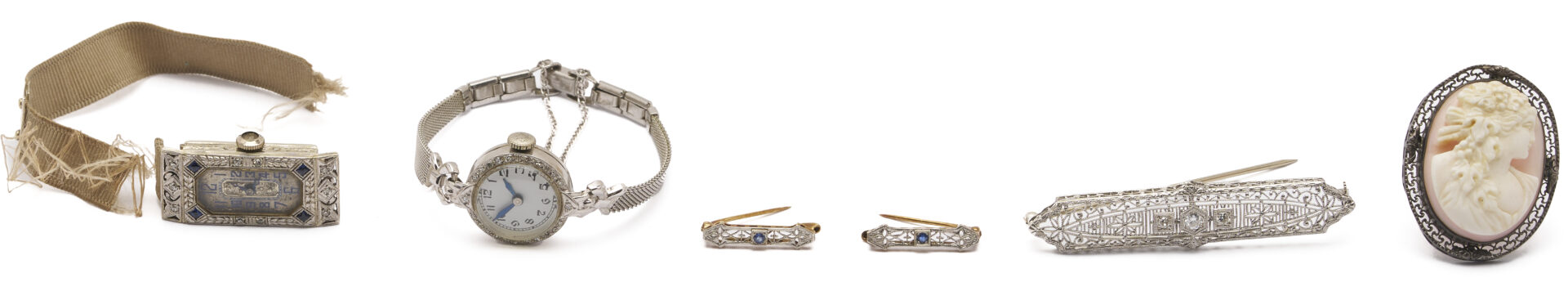 Lot 1224: Art Deco Diamond & Sapphire Bar Pin w/ 2 Matching Children’s Pins, 2 Ladies’ Wrist Watches, Plus Cameo