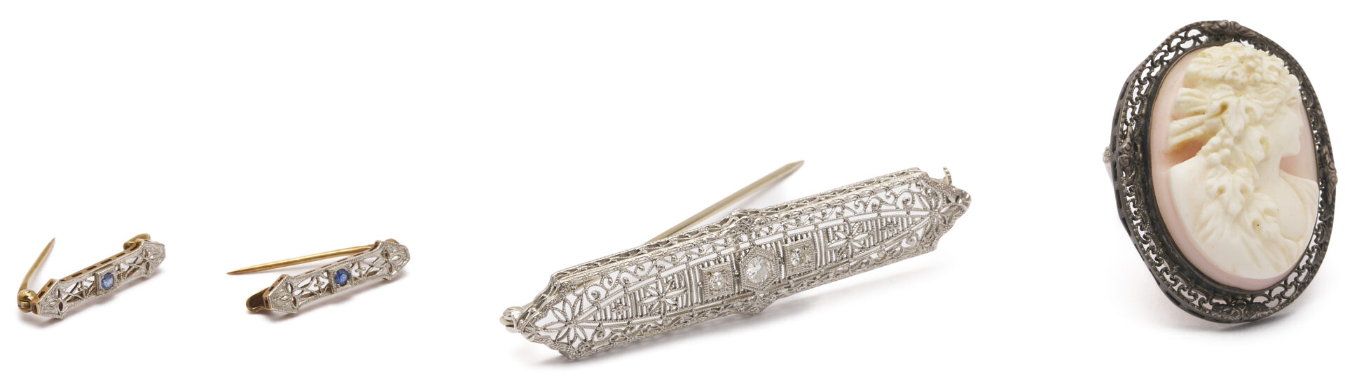 Lot 1224: Art Deco Diamond & Sapphire Bar Pin w/ 2 Matching Children’s Pins, 2 Ladies’ Wrist Watches, Plus Cameo