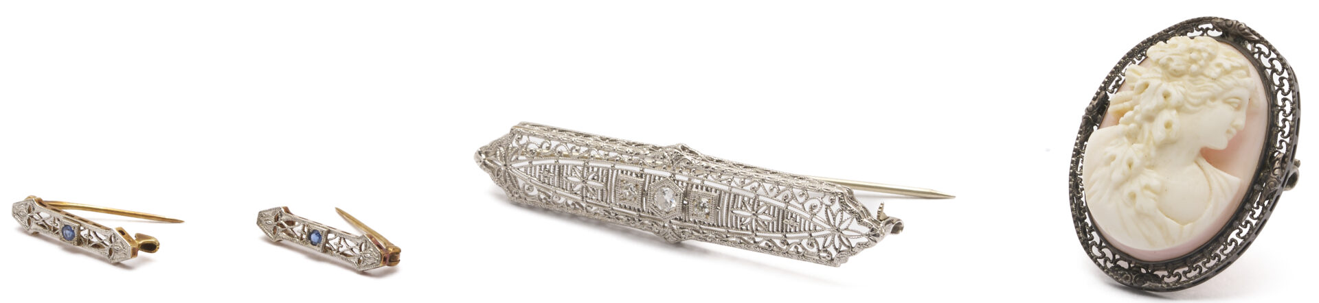 Lot 1224: Art Deco Diamond & Sapphire Bar Pin w/ 2 Matching Children’s Pins, 2 Ladies’ Wrist Watches, Plus Cameo