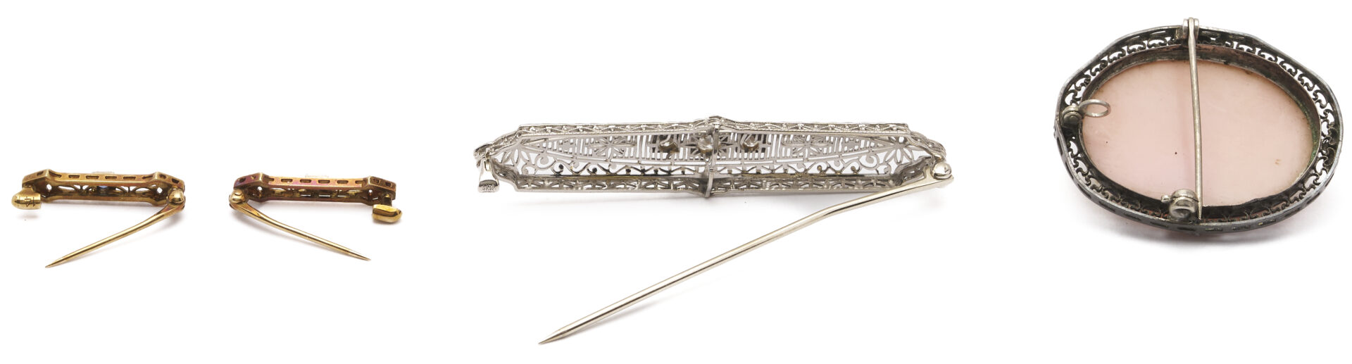 Lot 1224: Art Deco Diamond & Sapphire Bar Pin w/ 2 Matching Children’s Pins, 2 Ladies’ Wrist Watches, Plus Cameo