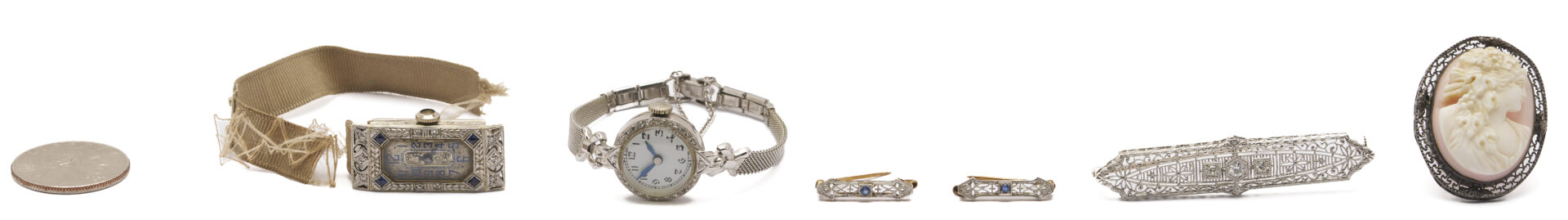 Lot 1224: Art Deco Diamond & Sapphire Bar Pin w/ 2 Matching Children’s Pins, 2 Ladies’ Wrist Watches, Plus Cameo