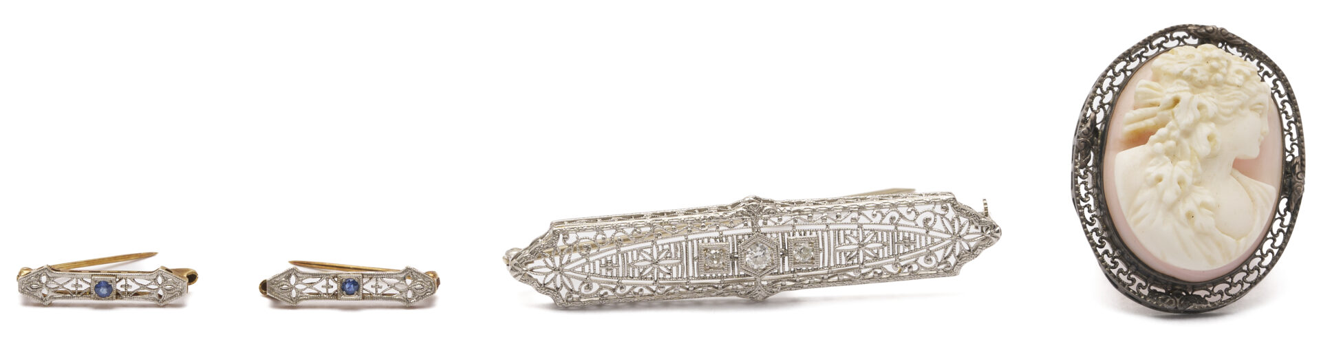 Lot 1224: Art Deco Diamond & Sapphire Bar Pin w/ 2 Matching Children’s Pins, 2 Ladies’ Wrist Watches, Plus Cameo