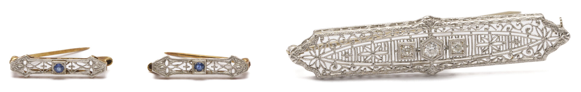 Lot 1224: Art Deco Diamond & Sapphire Bar Pin w/ 2 Matching Children’s Pins, 2 Ladies’ Wrist Watches, Plus Cameo