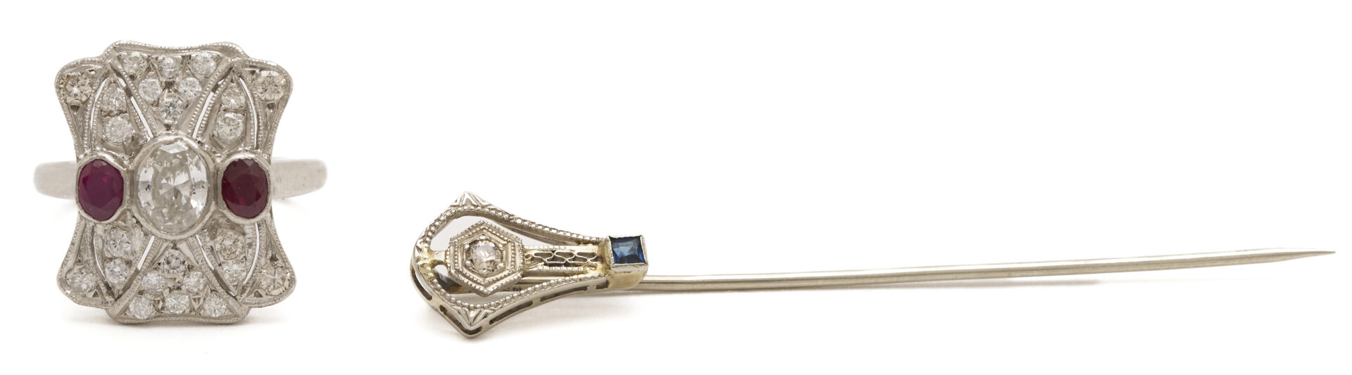 Lot 1234: Platinum, Diamond, & Ruby Ring and 10K Gold, Diamond & Sapphire Pin