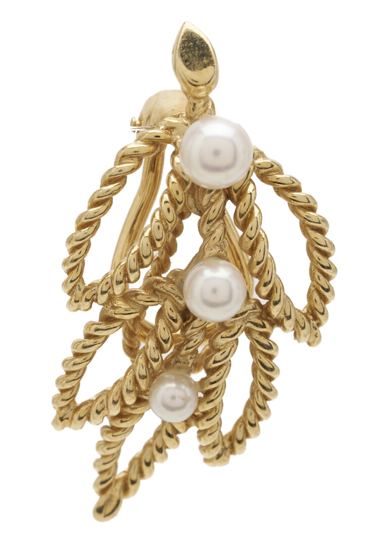 Lot 1239: 14K Gold & Pearl Leaf Earrings