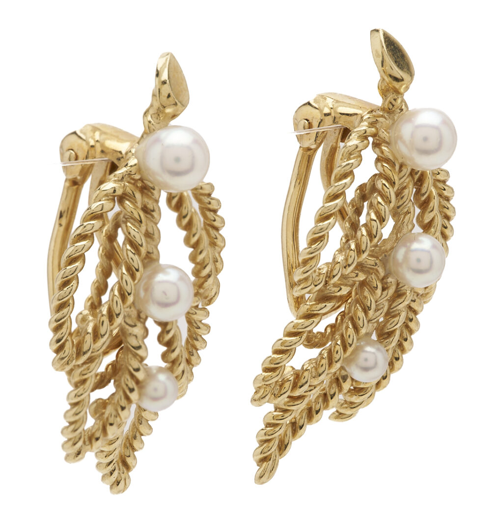 Lot 1239: 14K Gold & Pearl Leaf Earrings