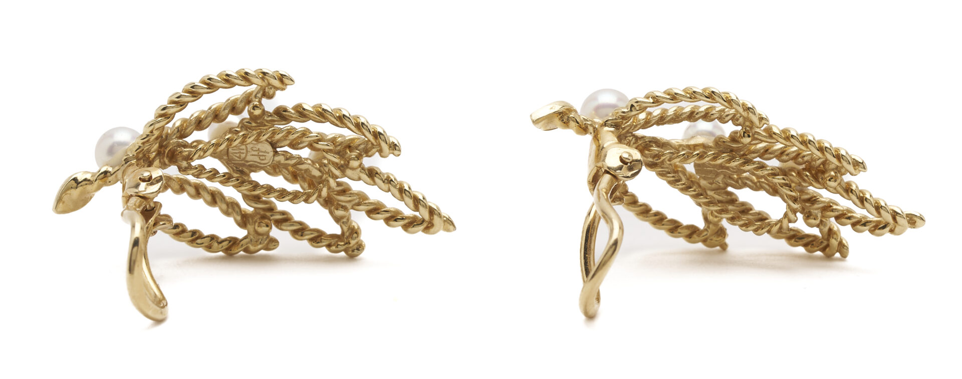 Lot 1239: 14K Gold & Pearl Leaf Earrings