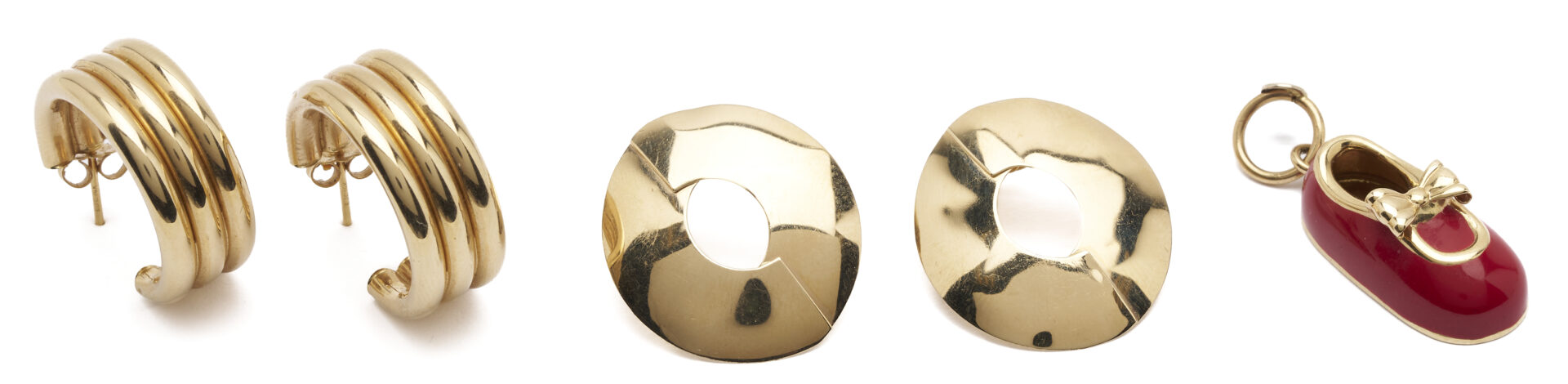 Lot 1240: 2 Prs. 14K Earrings & 14K Enameled Shoe Pendant