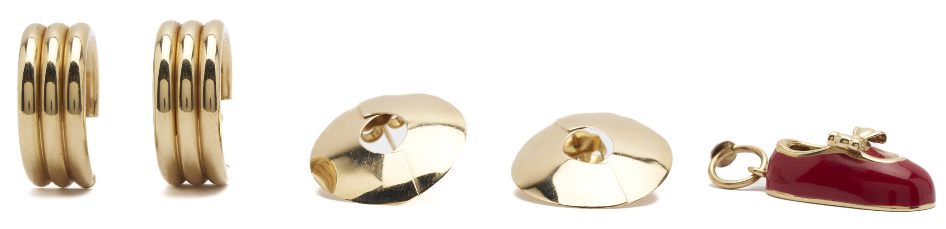 Lot 1240: 2 Prs. 14K Earrings & 14K Enameled Shoe Pendant