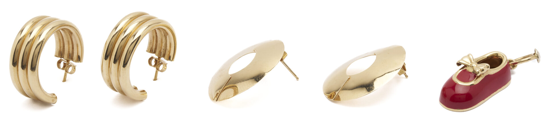 Lot 1240: 2 Prs. 14K Earrings & 14K Enameled Shoe Pendant