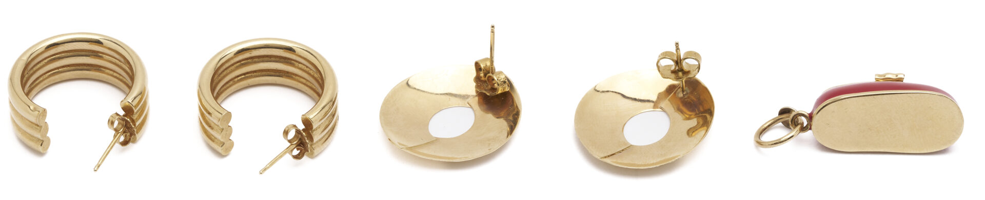 Lot 1240: 2 Prs. 14K Earrings & 14K Enameled Shoe Pendant