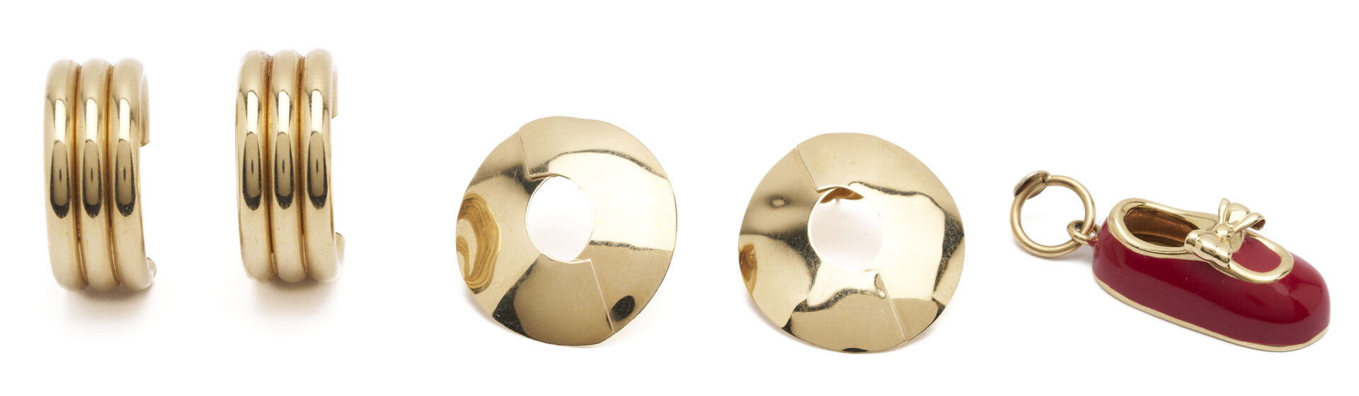 Lot 1240: 2 Prs. 14K Earrings & 14K Enameled Shoe Pendant