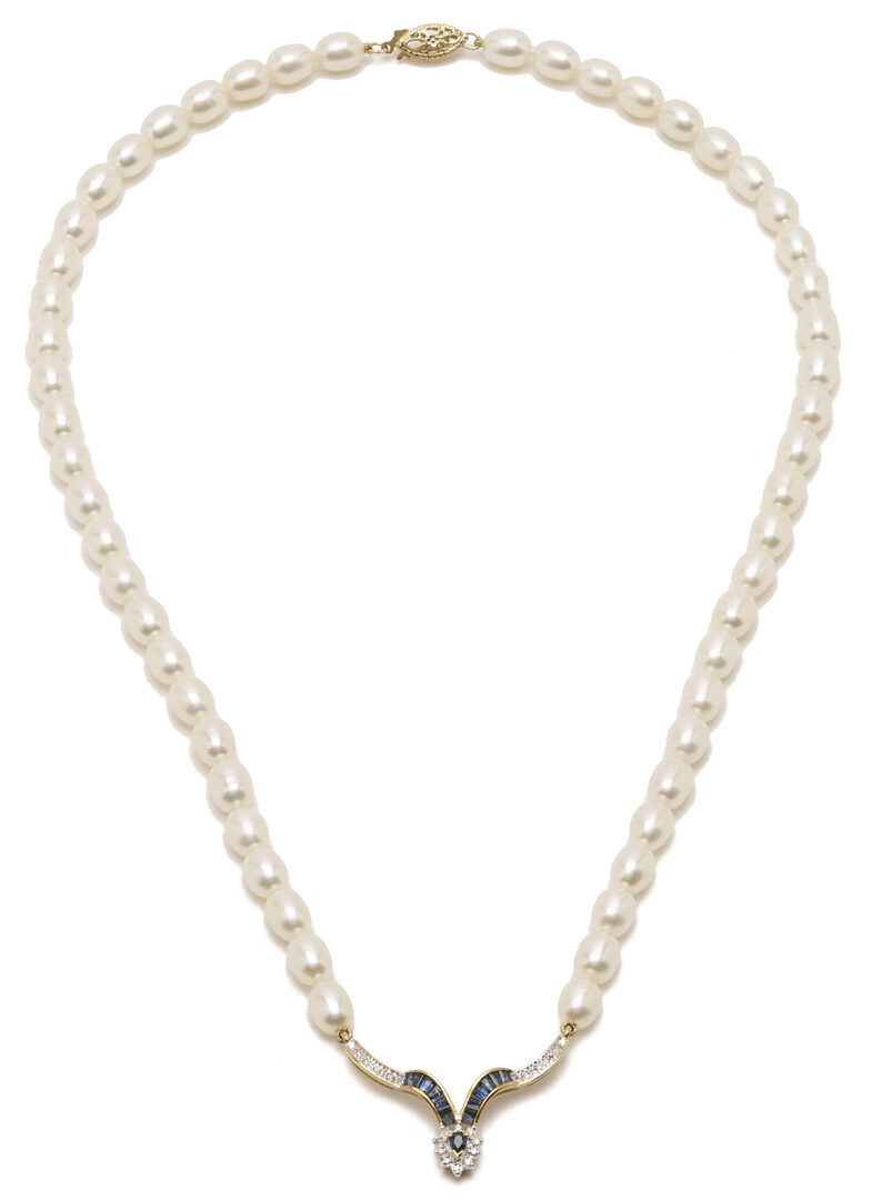 Lot 1276: 14K Gold, Pearl, Diamond, & Sapphire Necklace