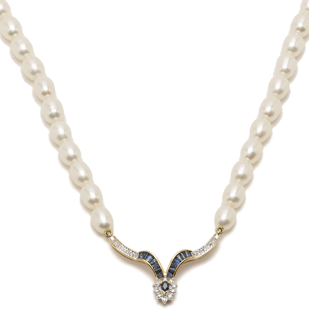 Lot 1276: 14K Gold, Pearl, Diamond, & Sapphire Necklace