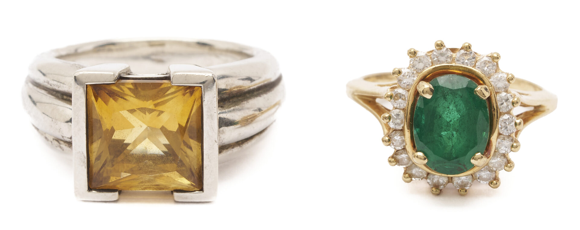 Lot 1281: 2 Rings: 14K Gold & Oval Emerald Ring and Sterling Silver & Square Citrine Ring