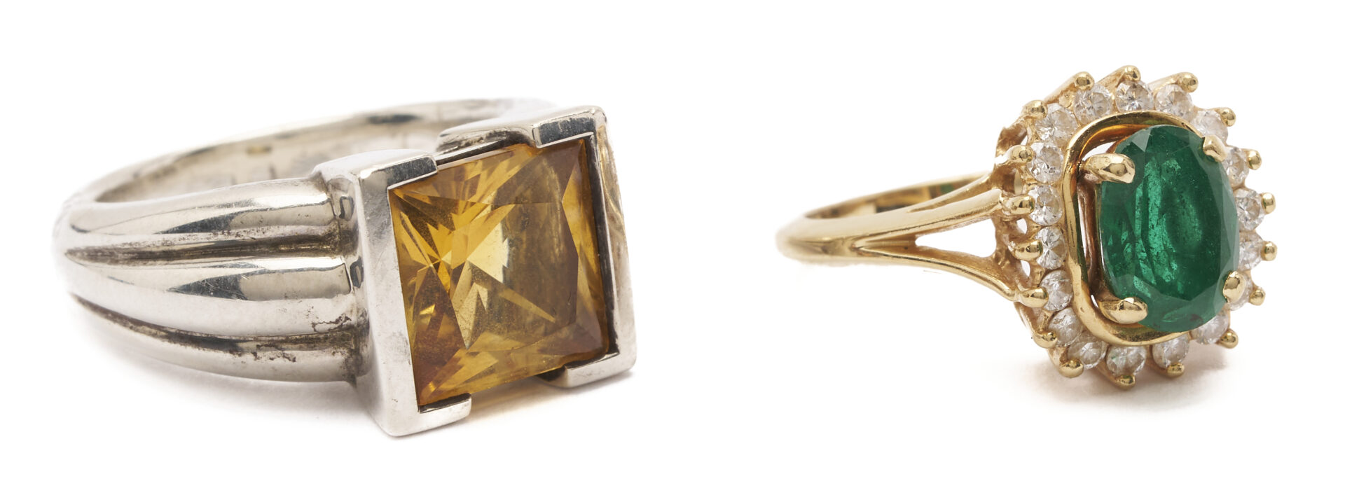 Lot 1281: 2 Rings: 14K Gold & Oval Emerald Ring and Sterling Silver & Square Citrine Ring