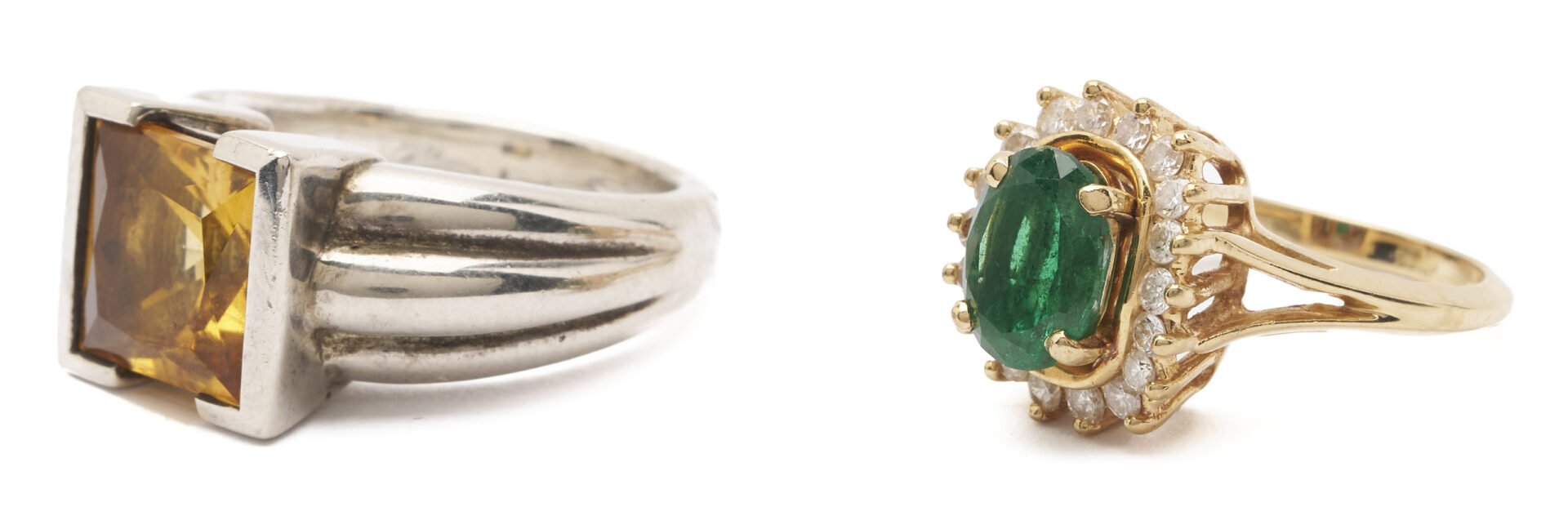 Lot 1281: 2 Rings: 14K Gold & Oval Emerald Ring and Sterling Silver & Square Citrine Ring