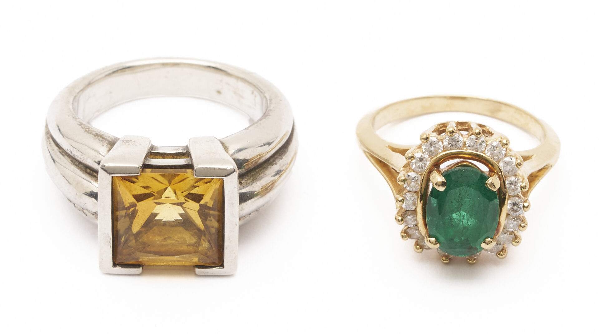Lot 1281: 2 Rings: 14K Gold & Oval Emerald Ring and Sterling Silver & Square Citrine Ring