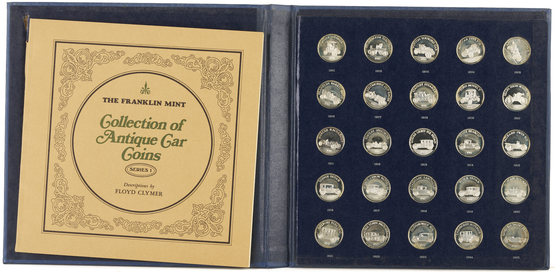 Lot 1294: 2 Franklin Mint Antique Car Sterling Silver Medallion Albums, 12 oz.
