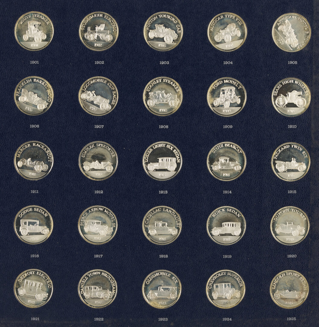 Lot 1294: 2 Franklin Mint Antique Car Sterling Silver Medallion Albums, 12 oz.
