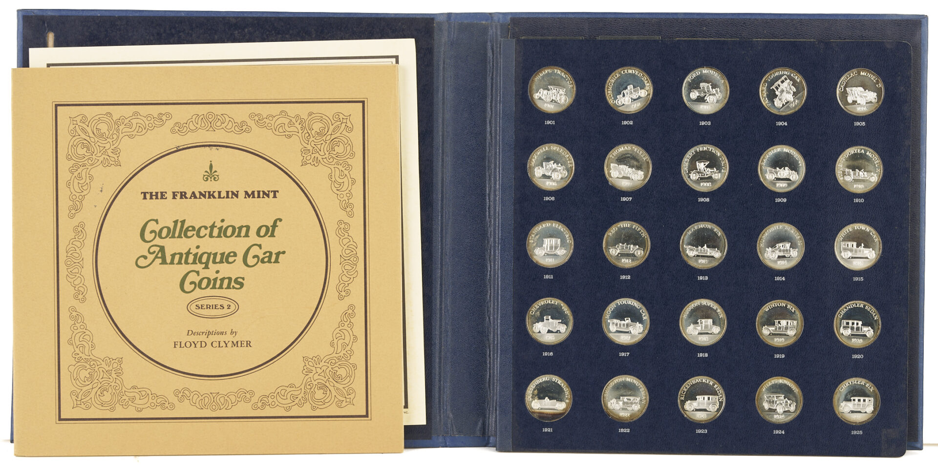 Lot 1294: 2 Franklin Mint Antique Car Sterling Silver Medallion Albums, 12 oz.