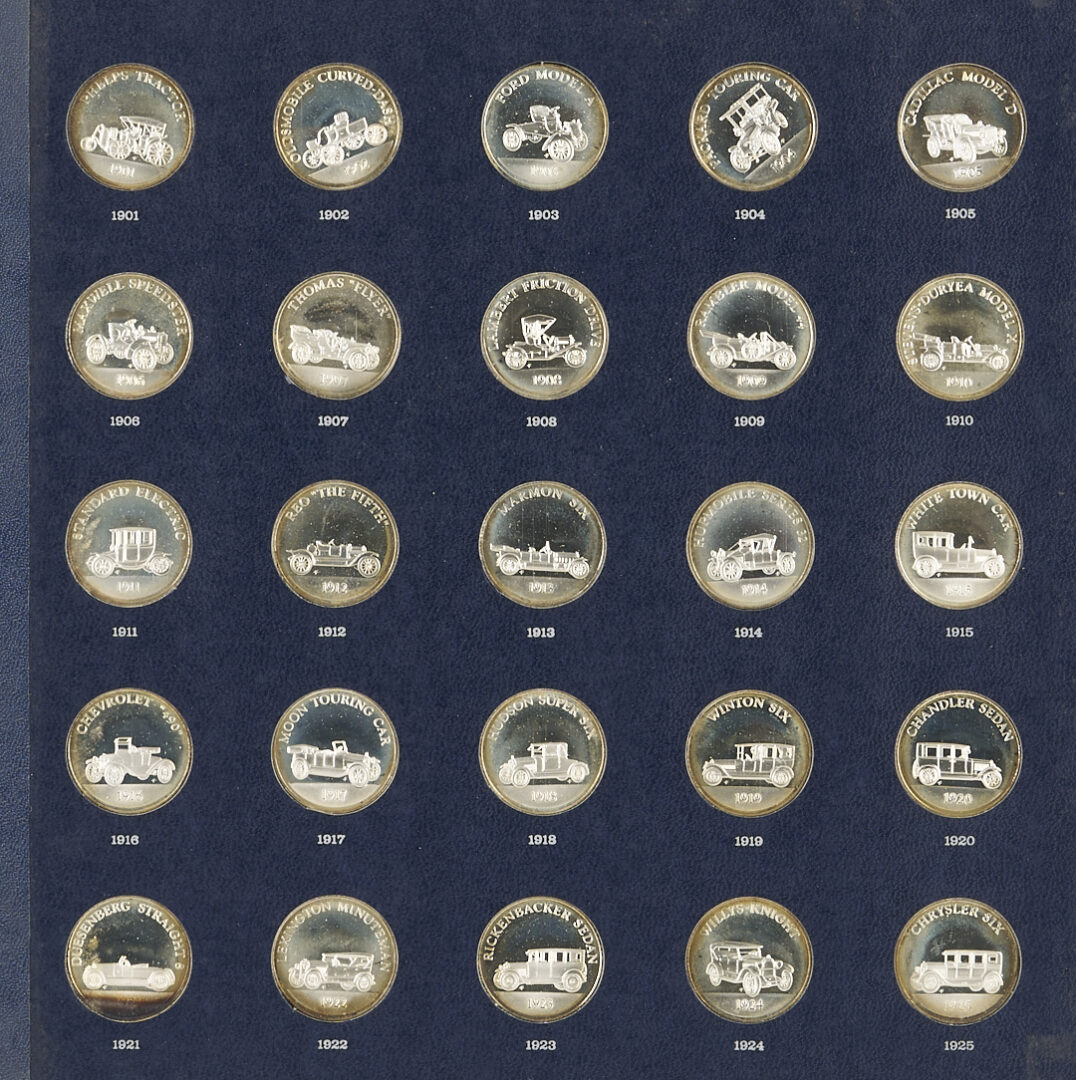 Lot 1294: 2 Franklin Mint Antique Car Sterling Silver Medallion Albums, 12 oz.