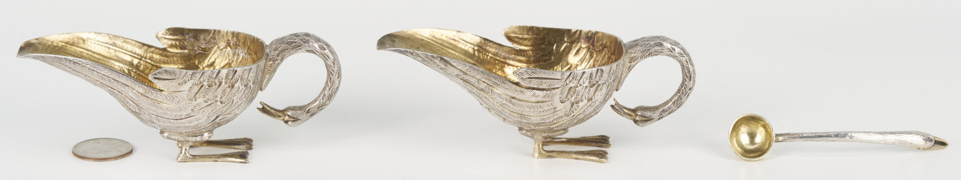 Lot 1301: Pair Jose Marmolejo Tane Silver Swan Salts and Spoon