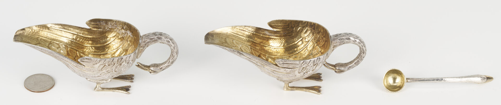 Lot 1301: Pair Jose Marmolejo Tane Silver Swan Salts and Spoon