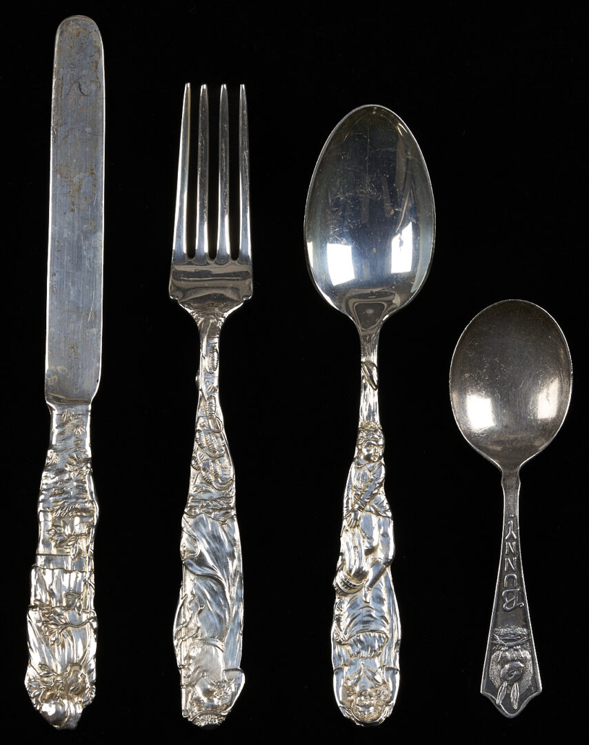 Lot 1303: Tiffany 3 Pc Sterling Children’s Flatware Set Plus 1 Baby Spoon