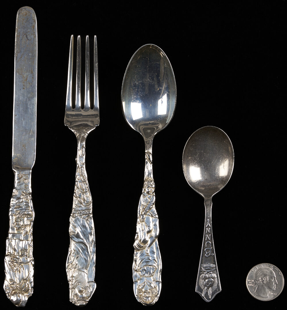 Lot 1303: Tiffany 3 Pc Sterling Children’s Flatware Set Plus 1 Baby Spoon