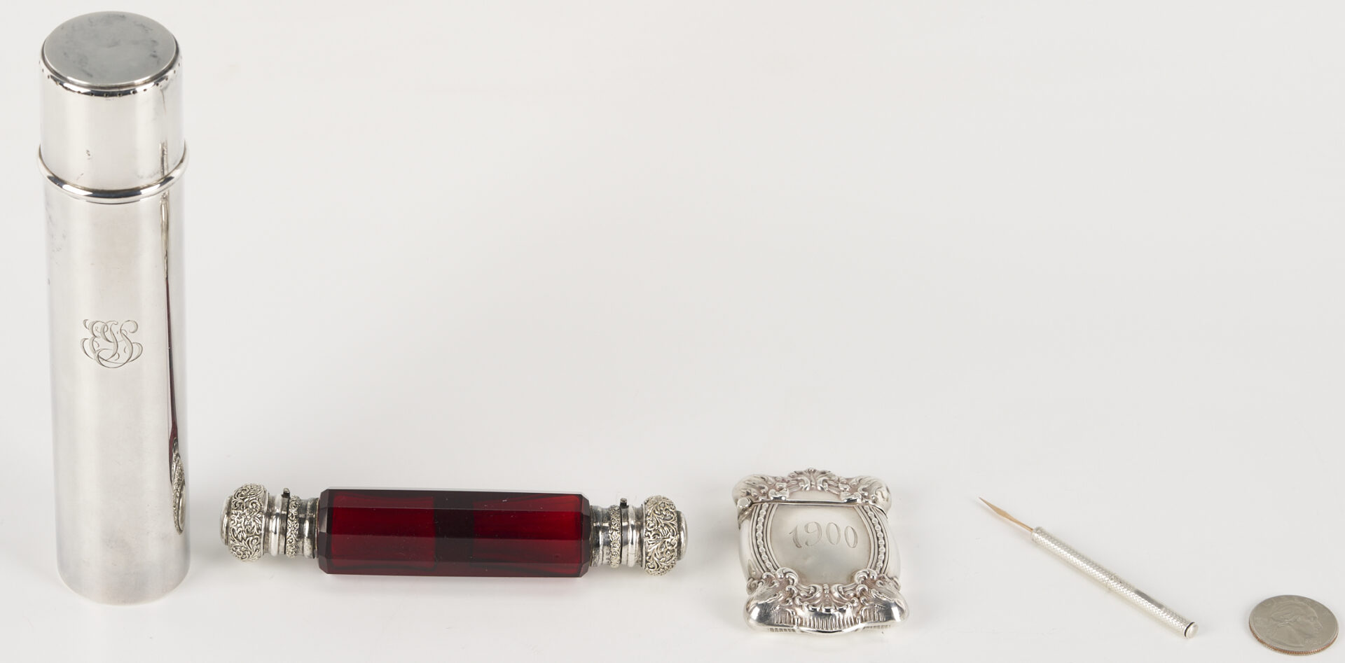 Lot 1304: Antique Tiffany Sterling Cigar Tube, Perfume Flask, Match Safe, Pen holder