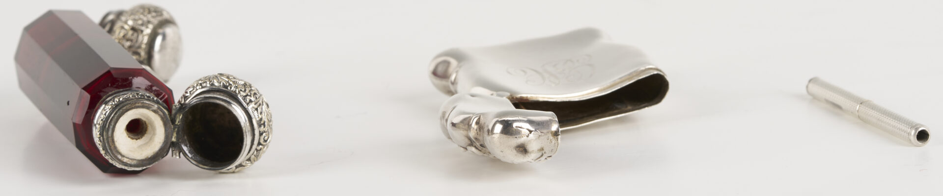 Lot 1304: Antique Tiffany Sterling Cigar Tube, Perfume Flask, Match Safe, Pen holder