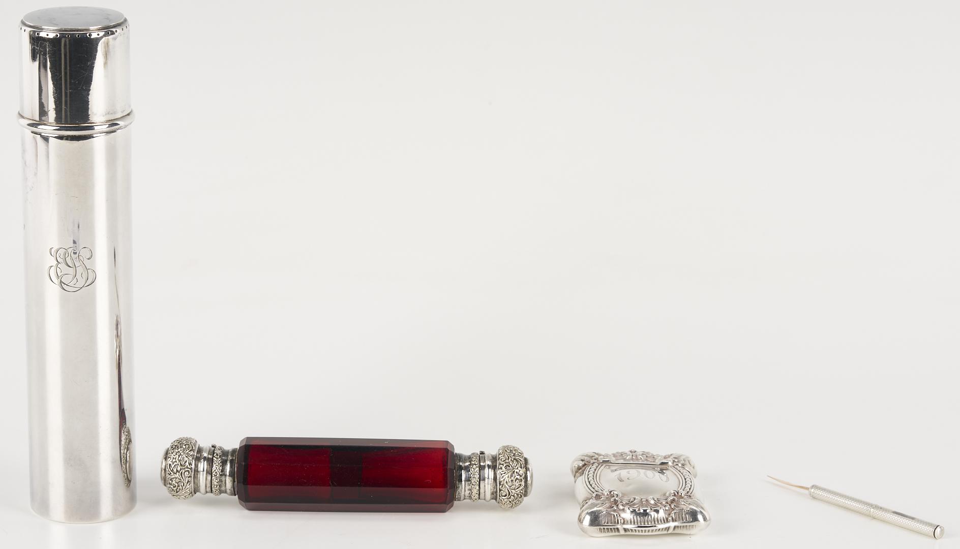 Lot 1304: Antique Tiffany Sterling Cigar Tube, Perfume Flask, Match Safe, Pen holder