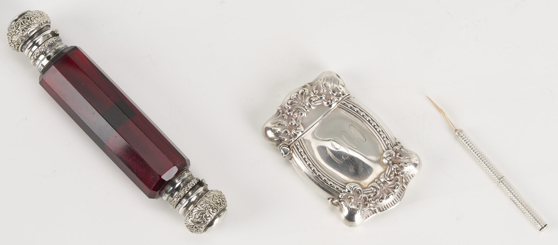 Lot 1304: Antique Tiffany Sterling Cigar Tube, Perfume Flask, Match Safe, Pen holder