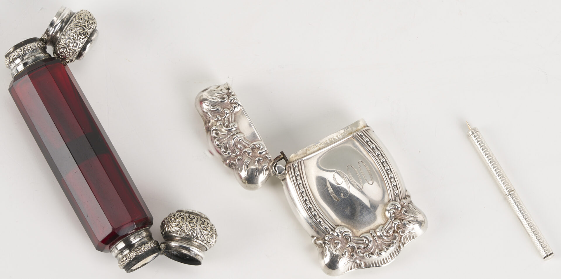 Lot 1304: Antique Tiffany Sterling Cigar Tube, Perfume Flask, Match Safe, Pen holder