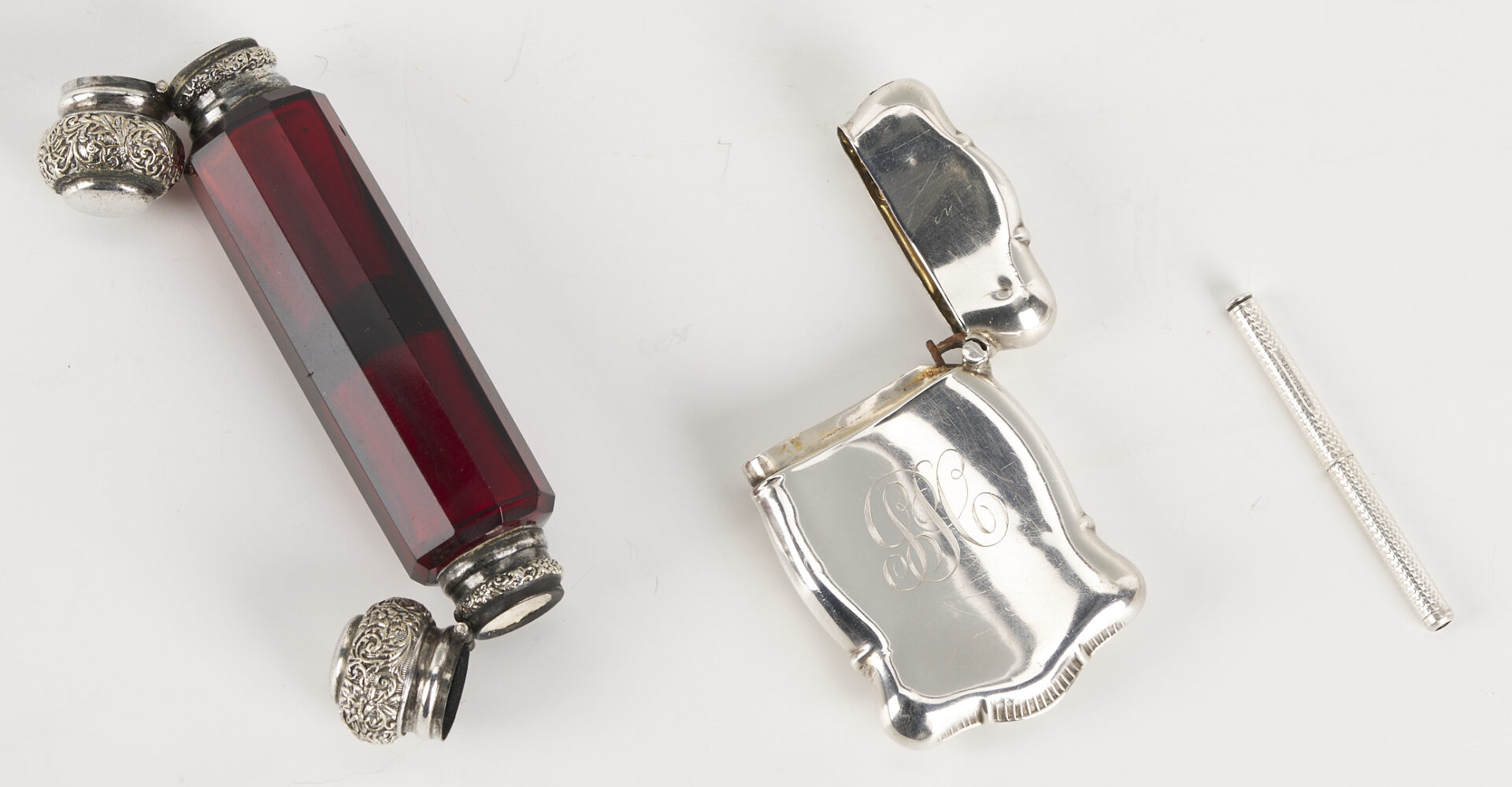 Lot 1304: Antique Tiffany Sterling Cigar Tube, Perfume Flask, Match Safe, Pen holder