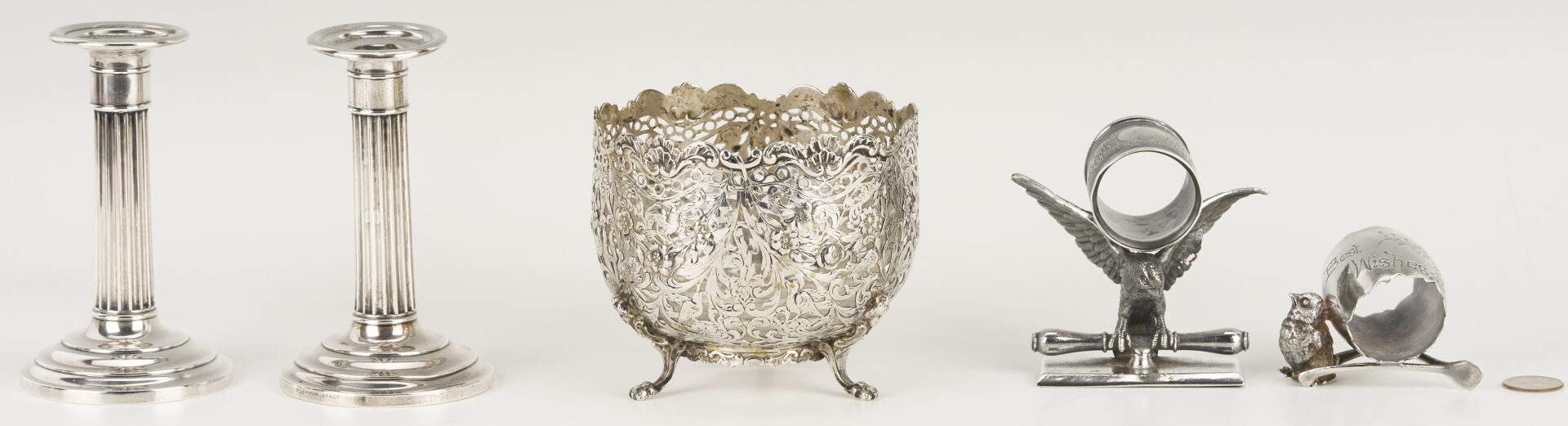 Lot 1307: Hanau Bowl, 2 Sterling Candlesticks, 2 Victorian S/P Napkin Rings
