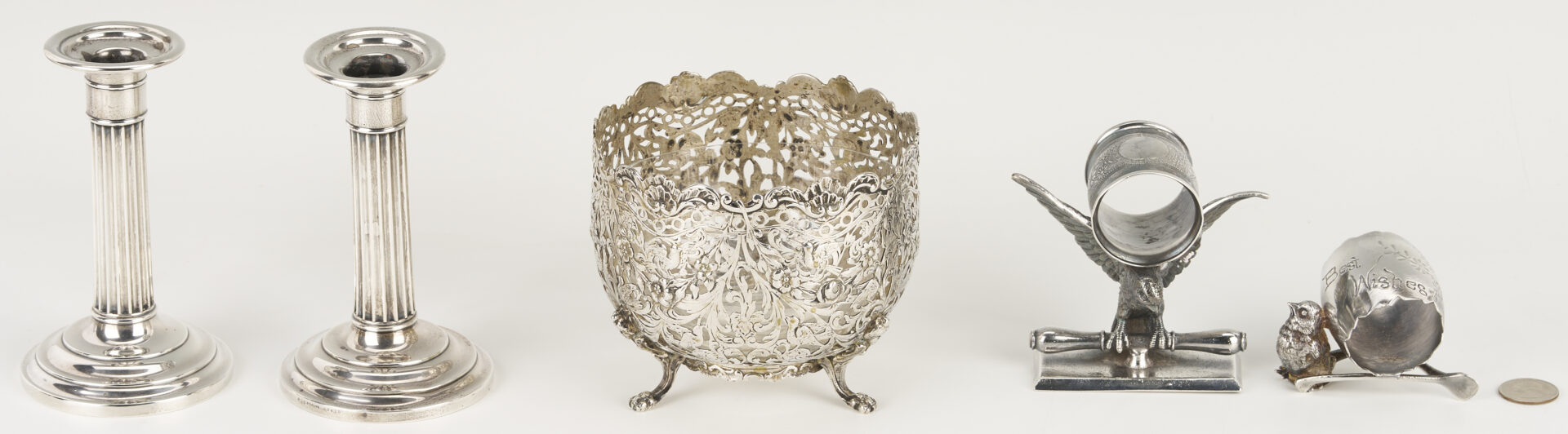 Lot 1307: Hanau Bowl, 2 Sterling Candlesticks, 2 Victorian S/P Napkin Rings