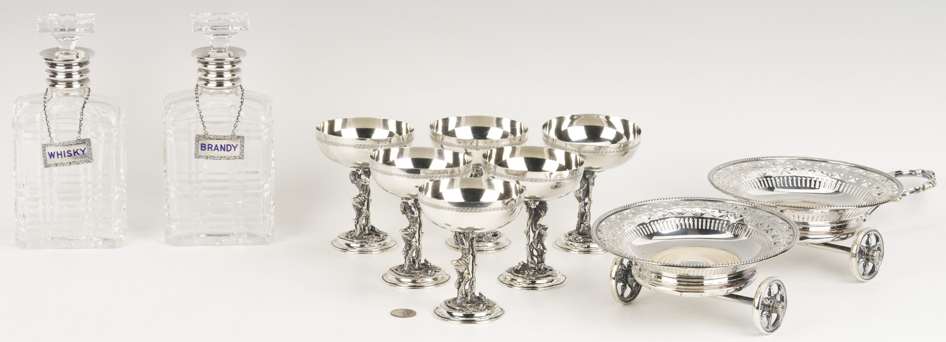 Lot 1308: 9 Bar Items: Wine Coaster Wagon, 6 Goblets, 2 Decanters