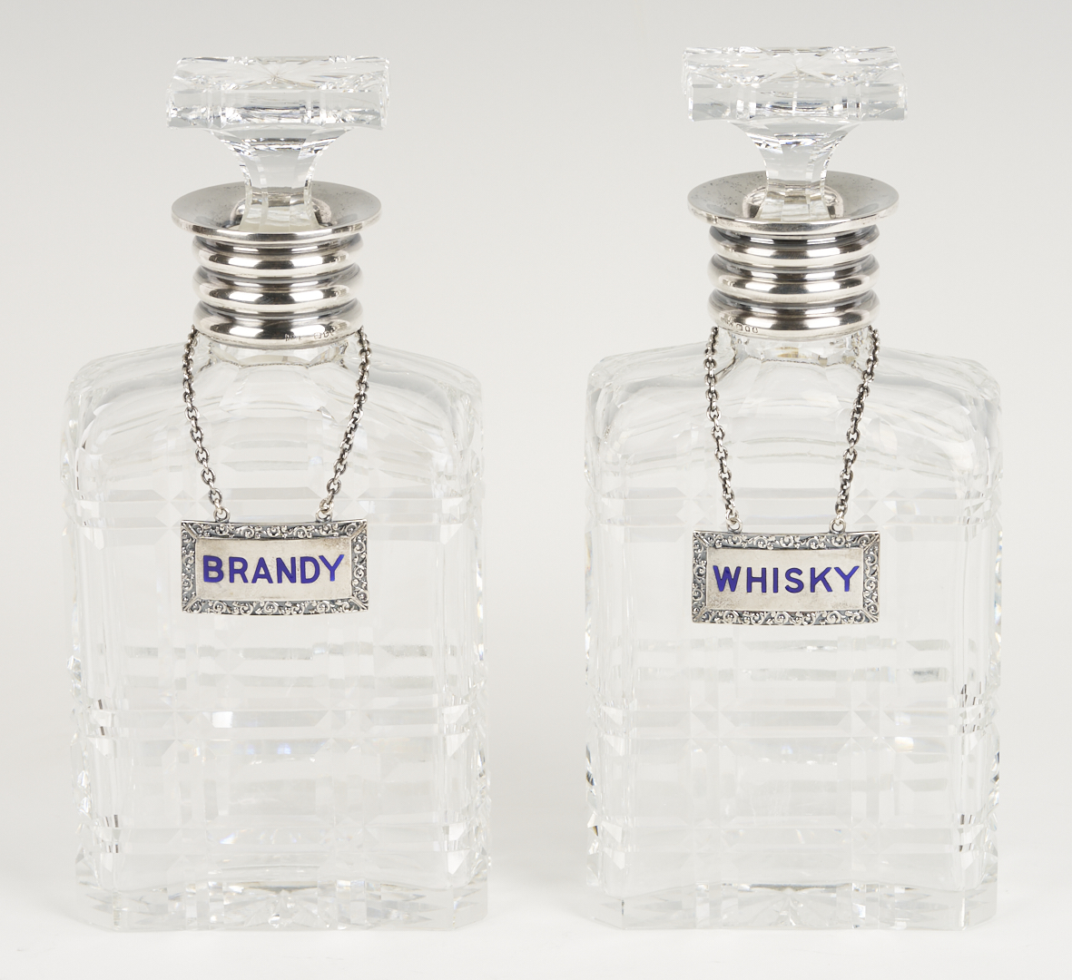 Lot 1308: 9 Bar Items: Wine Coaster Wagon, 6 Goblets, 2 Decanters