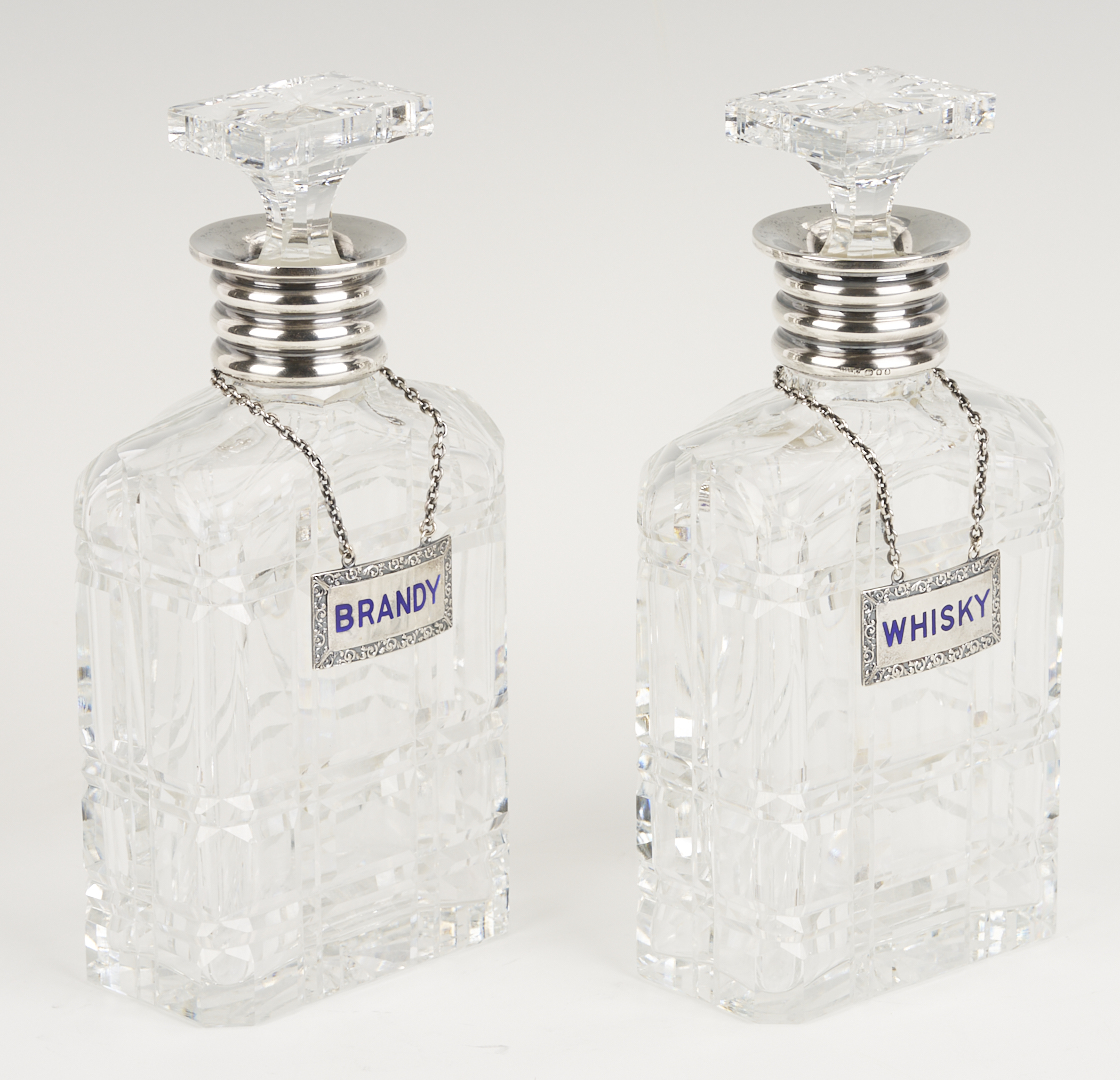 Lot 1308: 9 Bar Items: Wine Coaster Wagon, 6 Goblets, 2 Decanters